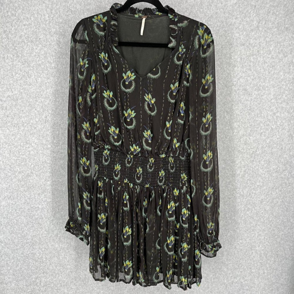 Free People Womens Wild Horses Peacock Print Mini Dress Size S Black Green Lined